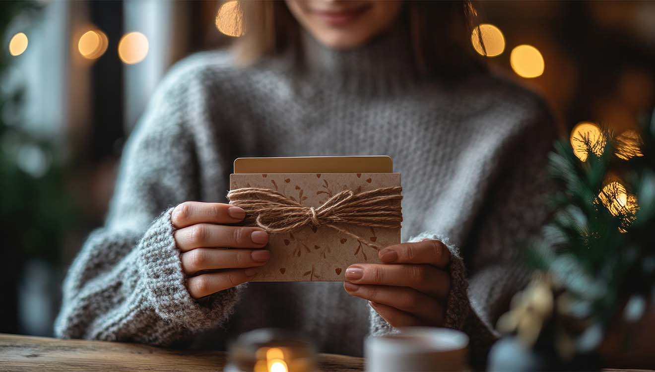 Kvinde med gavekort i hånden